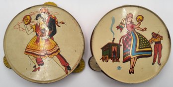 (2) Vintage Dancing Couple Tin Litho Toy Tambourine Lot
