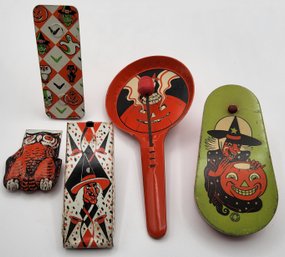 (5) Vintage Tin Litho Halloween Noisemaker Lot