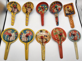(10) Vintage Tin Litho Pan Clanger Paddle Clacker Noisemaker Lot