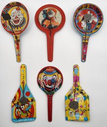 (6) Vintage Tin Litho Pan Clanger Paddle Clacker Noisemaker Lot