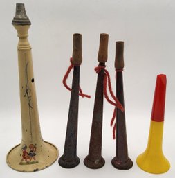 (5) Vintage Tin And Plastic Party Horn Noisemaker Lot