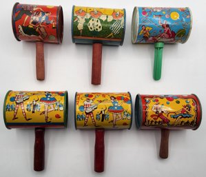 (6) Vintage Tin Litho Barrel Or Drum-Style Party Noisemaker Rattle Lot