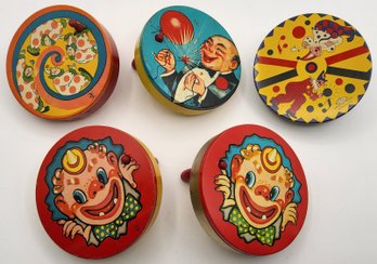 (5) Vintage Tin Litho Spinning Clacker Ratchet Crank Noisemaker Lot