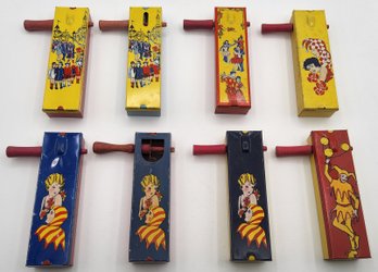 (8) Vintage Kirchof Tin Litho Ratchet Crank Noisemaker Lot