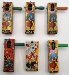 (6) Vintage U.S. Metal Toy Mfg. Co. Tin Litho Ratchet Crank Noisemaker Lot