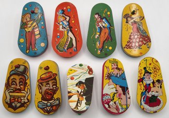 (9) Vintage U.S. Metal Toy Mfg. Co. Tin Litho Ratchet Crank Noisemaker Lot