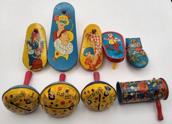 (9) Vintage Kirchof Tin Litho Ratchet Crank Clicker Rattle Noisemaker Lot
