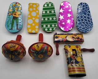 (9) Vintage Tin Litho Ratchet Crank Rattle U.S.A. Noisemaker Lot
