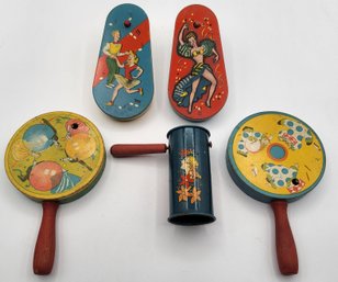 (5) Vintage Tin Litho T. Cohn Crank Ratchet And Rattle Noisemaker Lot