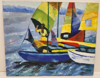 Sailboat Oil Painting On Canvas Signed By D. Halliday - 16 X 20 Inches