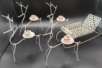 Vintage White Wire Reindeer Candlestick Holders And Sleigh
