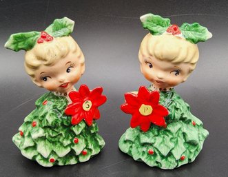 Vintage Holt-Howard Christmas Holly Tree Girls Salt & Pepper Shakers