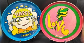 (2) Vintage Peter Max LOVE And HAPPY Metal Serving Trays