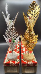 (2) Miniature Silver And Gold Foil Tabletop Christmas Tree Decoration Lot