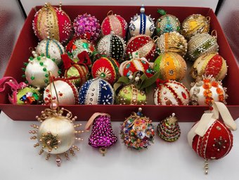 (29) Vintage Handmade Push-Pin Beaded Christmas Ornament Lot