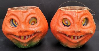 (2) Vintage Molded Pulp Paper-Mache Jack-o'-Lantern Bucket Lot