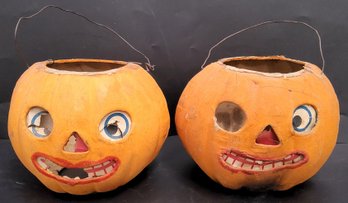 (2) Vintage German Paper-Mache Halloween Jack-o'-Lantern Bucket Lot