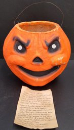 Large Vintage Molded Pulp Paper-Mache Jack-o'-Lantern Candy Bucket