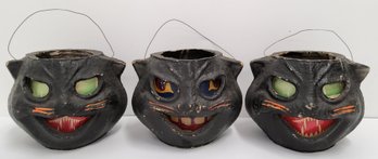 (3) Vintage Molded Pulp Paper-Mache Black Cat Bucket Lantern Lot