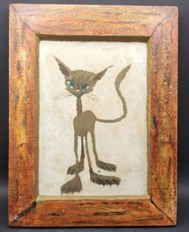 Vintage Original Acrylic On Board Folk-Art Cat Painting By J. Sclavi (John Silavi)
