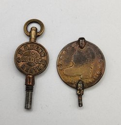 (2) Antique Pocket Watch Winding Key Lot With 1820's United States Dime