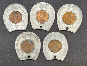 (5) Advertising Good Luck Horseshoe Shaped Aluminum Encased Cent Lot