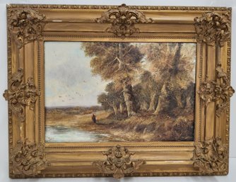 Antique 19th Century Rural Oil Painting In Ornate Gesso Frame Signed J. Pane