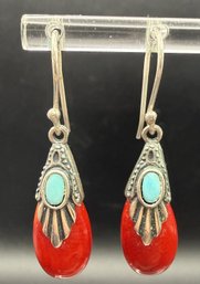 Sterling Silver .925 Southwestern Signed FD Red Coral & Turquoise Earrings