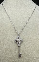 Sterling Silver .925 & Diamonds Key Pendant Necklace  - .24 TOZ