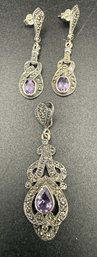 (2) Sterling Silver .925 Marcasite & Amethyst Earrings & Pendant Lot - .28 TOZ