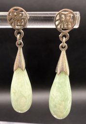 Sterling Silver .925 Chinese Symbol Jade Drop Earrings - 5.7 Grams