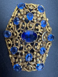 Vintage Art Deco Czech Glass Cobalt Blue Large Filigree Pin Brooch