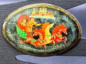 Vintage Russian Black Lacquer HandPainted Troika Horse Sleigh Pin Brooch
