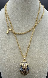 Joan Rivers Signed Large Imperial Blue Faberge Egg Pendant Necklace