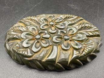 Vintage Art Deco Carved Bakelite Spinach Green Flower Pin Brooch  - 24.6 Grams