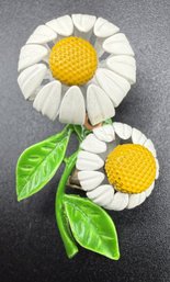 1960s Metal Enamel Sleeping Daisies Flower Pin Brooch