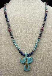 Sterling Silver Native American Turquoise Thunderbird Fetish Pendant Beaded Necklace