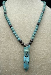 Sterling Silver Native American Turquoise Zuni Corn Maiden Fetish Beaded Necklace