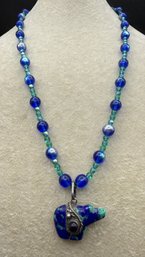 Sterling Silver Native American Azurite Spirit Bear Fetish Beaded Necklace