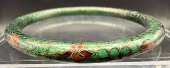 Vintage Cloisonne Green Enamel Red Floral Bangle Bracelet