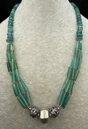 Sterling Silver .925 Green Chalcedony Artisan Bead Necklace - 31.2 Grams
