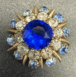 Vintage Czech Glass Cobalt Blue & Clear Atomic Starburst Pin Brooch