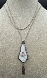 Antique Art Deco Sterling Silver Guilloche Enamel Locket Pendant 30 Inch Necklace