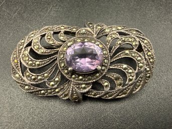 Vintage Sterling Silver .925 Signed HL Marcasite Amethyst Pin Brooch - .32 TOZ