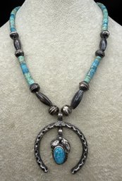 Native American Navajo Signed P.F Turquoise Heishi Squash Blossom Necklace - .95 TOZ