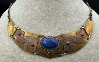 Vintage Arts & Crafts Era Brass & Copper Artisan Lapis Mixed Metal Collar Necklace