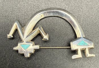 Sterling Silver Navajo Turquoise Inlay Rainbow Man Kachina Yei Pin Brooch - .36 TOZ