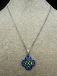 Sterling Silver .925 Cloisonne Enamel Cross Flower Pendant Necklace -.23 TOZ