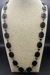 Vintage 14KT Yellow Gold & Black Onyx Cherry Blossom Carved Bead Necklace - 59.9 Grams