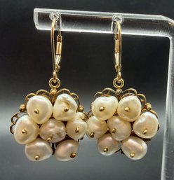 14KT Yellow Gold Vintage Pearl Cluster Drop Earrings - 7.53 Grams